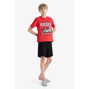 Defacto F1734 Kırmızı Erkek Çocuk Pijama Takımı Kısa Kollu Üst Esnek Belli Şort