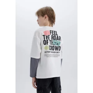 Defacto D7702 Ekru Erkek Çocuk Oversize Geniş Kalıp Bisiklet Yaka Uzun Kollu Tişört