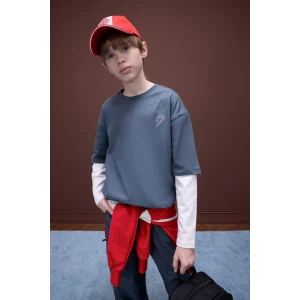 Defacto D8488 Antrasit Erkek Çocuk Oversize Geniş Kalıp Bisiklet Yaka Baskılı Uzun Kollu Tişört