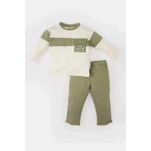 Defacto B9266 Ekru Erkek Bebek 2li Takım Renk Bloklu Sweatshirt Eşofman Altı