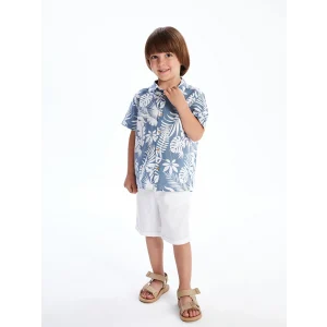 LCW Kids Indigo Baskılı Viskon Erkek Çocuk Gömlek ve Şort 2li
