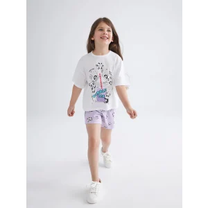 LCW Kids Beyaz Bisiklet Yaka Baskılı Kız Çocuk Şortlu Pijama Takımı