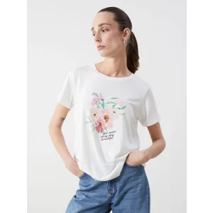 LCWAIKIKI Classic Ekru Bisiklet Yaka Baskılı Penye Kadın Tişört