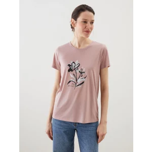 LCWAIKIKI Classic Pembe Bisiklet Yaka Çiçekli Kadın Tişört