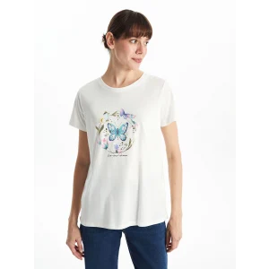 LCWAIKIKI Classic Ekru Bisiklet Yaka Baskılı Kadın Tişört