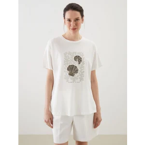 LCWAIKIKI Classic Ekru Bisiklet Yaka Baskılı Kadın Tişört