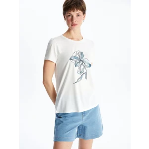 LCWAIKIKI Classic Ekru Bisiklet Yaka Çiçekli Kadın Tişört