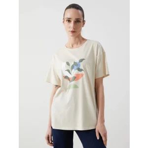 LCWAIKIKI Classic Bej Bisiklet Yaka Çiçekli Kadın Tişört