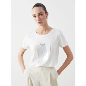 LCWAIKIKI Classic Ekru Bisiklet Yaka Baskılı Kadın Tişört