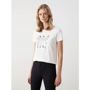 LCW Vision Ekru Bisiklet Yaka Baskılı Kadın Tişört