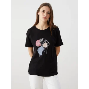 LCWAIKIKI Classic Siyah Bisiklet Yaka Baskılı Kadın Tişört