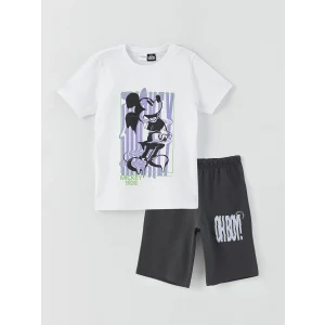 LCW Kids Beyaz Bisiklet Yaka Mickey Mouse Baskılı Kısa Kollu Erkek Çocuk Şortlu Pijama Takımı