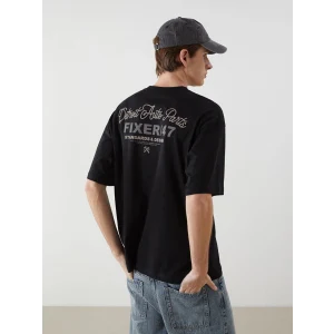 XSIDE Siyah Bisiklet Yaka Baskılı Penye Erkek Tişört