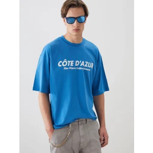 XSIDE Mavi Bisiklet Yaka Baskılı Penye Erkek Tişört