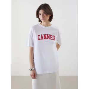 LCW Vision Beyaz Cannes Baskılı Oversize Kadın Tişört
