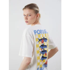 LCW Vision Ekru Bisiklet Yaka Baskılı Oversize Kadın Tişört