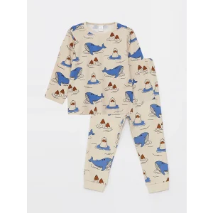 LCW baby Bej Bisiklet Yaka Uzun Kollu Desenli Erkek Bebek Pijama Takımı