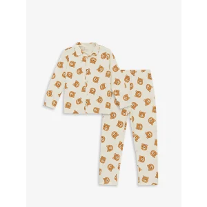 LCW baby Ekru Polo Yaka Uzun Kollu Baskılı Erkek Bebek Pijama Takımı