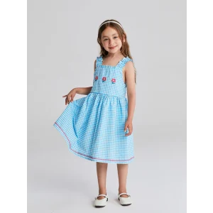 LCW Kids Mavi Kare Yaka Çiçekli Kız Çocuk Keten Elbise