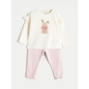 LCW baby Ekru Bisiklet Yaka Baskılı Kız Bebek Bluz ve Tayt 2li Takım