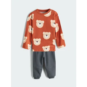 LC Waikiki Kahverengi Baskılı Erkek Bebek Tişört ve Pantolon 2li