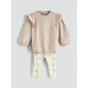 LCW Kids Bej Bisiklet Yaka Uzun Kollu Kız Bebek Sweatshirt ve Tayt 2li Takım