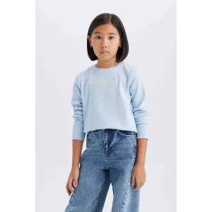 Defacto D8565 Mavi Kız Çocuk Slim Fit Dar Kesim Bisiklet Yaka Baskılı Fitilli Kaşkorse Uzun Kollu Tişört