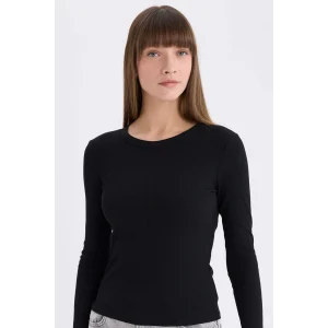 Defacto E5767 Siyah Slim Fit Dar Kesim Bisiklet Yaka Basic Düz Fitilli Kaşkorse Uzun Kollu Tişört