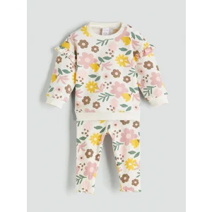 LCW baby Ekru Bisiklet Yaka Çiçekli Kız Bebek Sweatshirt ve Eşofman Alt 2li