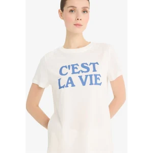 Defacto F5888 Ekru Regular Fit Bisiklet Yaka Baskılı Penye Kısa Kollu Tişört