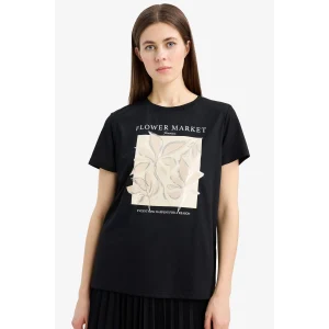 Defacto E5144 Siyah Regular Fit Bisiklet Yaka Çiçek Baskılı Kısa Kollu Tişört