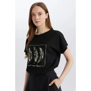 Defacto E3027 Siyah Regular Fit Bisiklet Yaka Baskılı Kısa Kollu Tişört