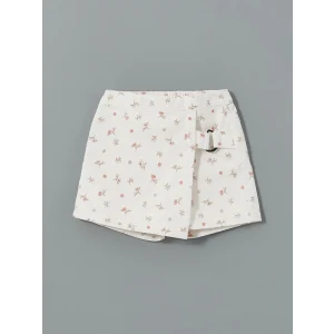 LCW Kids Ekru Beli Lastikli Çiçekli Kız Çocuk Şort Etek