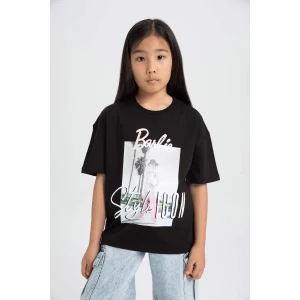 Defacto C6306 Siyah Kız Çocuk Barbie Relax Fit Bisiklet Yaka Kısa Kollu Tişört