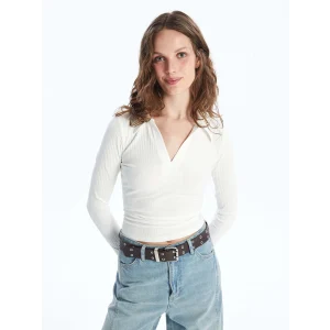 LCW Vision Ekru Polo Yaka Düz Uzun Kollu Kadın Body