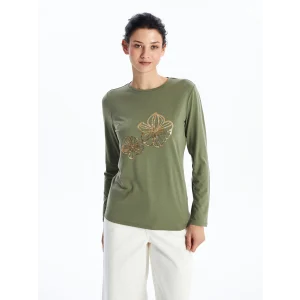 LCWAIKIKI Basic Haki Bisiklet Yaka Baskılı Uzun Kollu Kadın Tişört