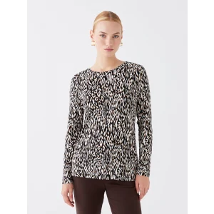 LCWAIKIKI Basic Bej Bisiklet Yaka Desenli Uzun Kollu Kadın Bluz