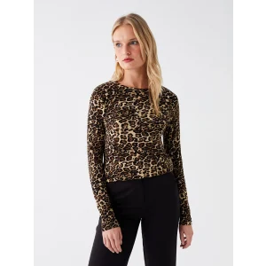 LCWAIKIKI Basic Bej Bisiklet Yaka Desenli Uzun Kollu Kadın Tişört