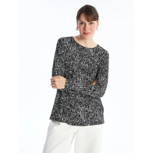 LCW Grace Siyah Bisiklet Yaka Desenli Kadın Tişört