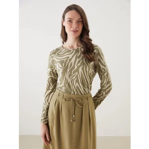 LCW Grace Bej Bisiklet Yaka Desenli Kadın Tişört