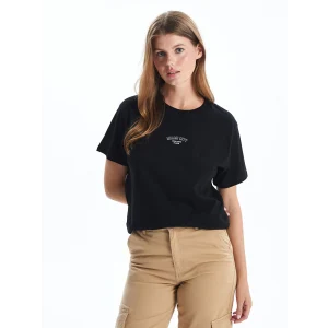 LCW Vision Siyah Bisiklet Yaka Baskılı Kadın Tişört