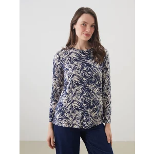 LCW Grace Lacivert Bisiklet Yaka Desenli Kadın Tişört