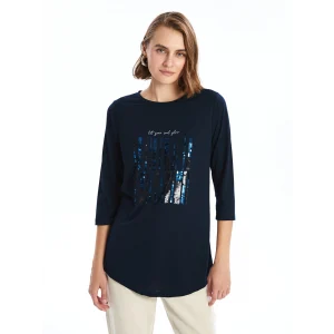 LCWAIKIKI Basic Lacivert Bisiklet Yaka Pul İşlemeli Kadın Bluz