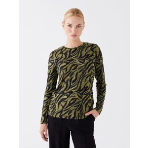 LCWAIKIKI Basic Haki Bisiklet Yaka Desenli Uzun Kollu Kadın Bluz