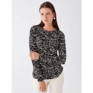 LCWAIKIKI Basic Siyah Bisiklet Yaka Desenli Uzun Kollu Kadın Tişört