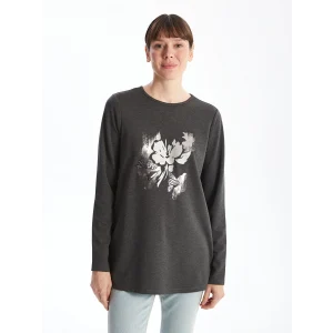 LCWAIKIKI Basic Antrasit Bisiklet Yaka Baskılı Kadın Tişört