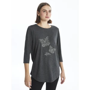 LCWAIKIKI Basic Antrasit Bisiklet Yaka Parlak Taşlı Uzun Kollu Kadın Bluz