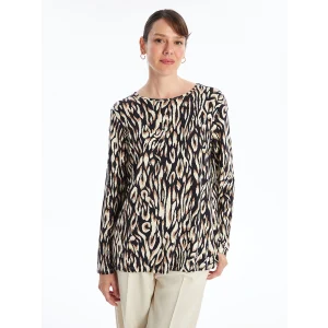 LCW Grace Bej Bisiklet Yaka Desenli Kadın Tişört