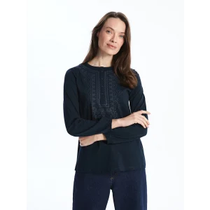 LCW Grace Lacivert Bisiklet Yaka Desenli Kadın Bluz