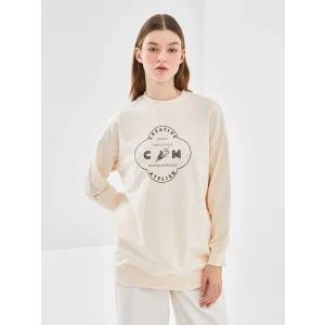 LCW Modest Ekru Bisiklet Yaka Baskılı Kadın Sweatshirt Tunik